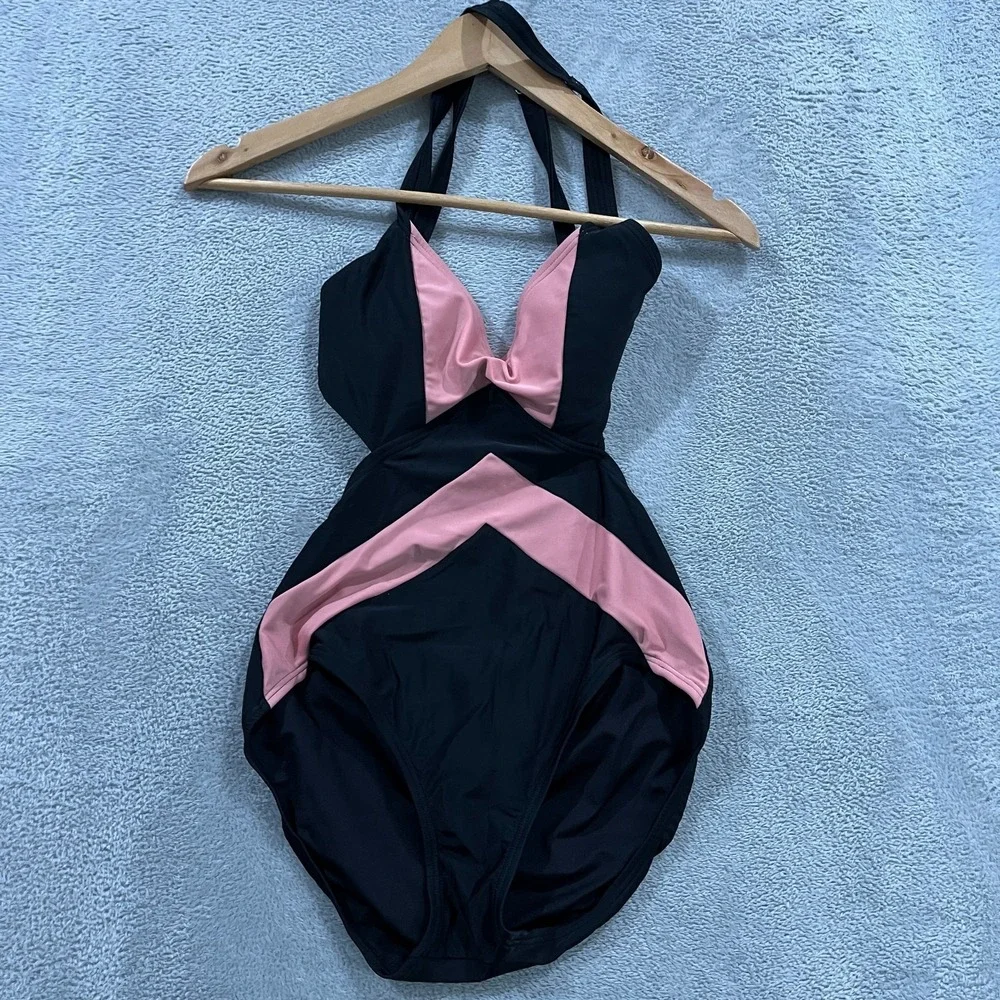 Michael Kors One Piece Swimsuit Womens 8 Black Pink Colorblock Adjustable Straps